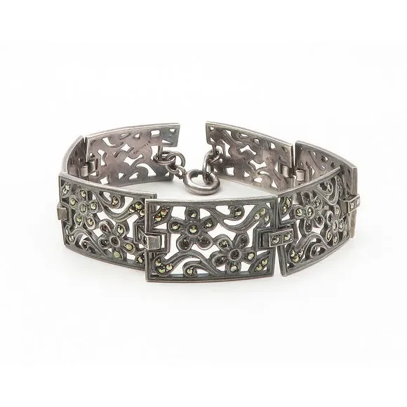 925 Sterling Silver Vintage Marcasite Floral Motif Chain Bracelet BT5512